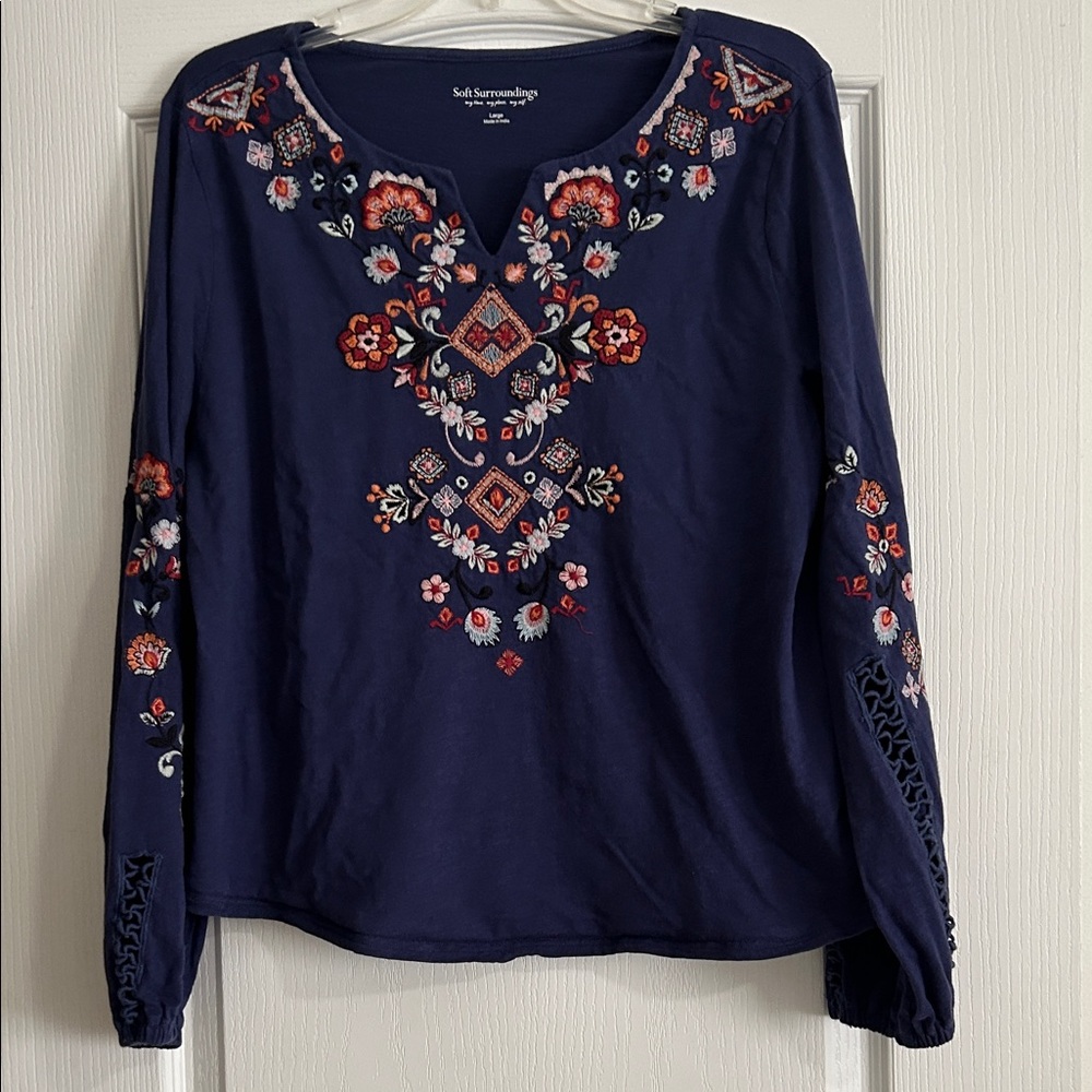 Soft Surroundings Blue Floral Embroidered Blouse